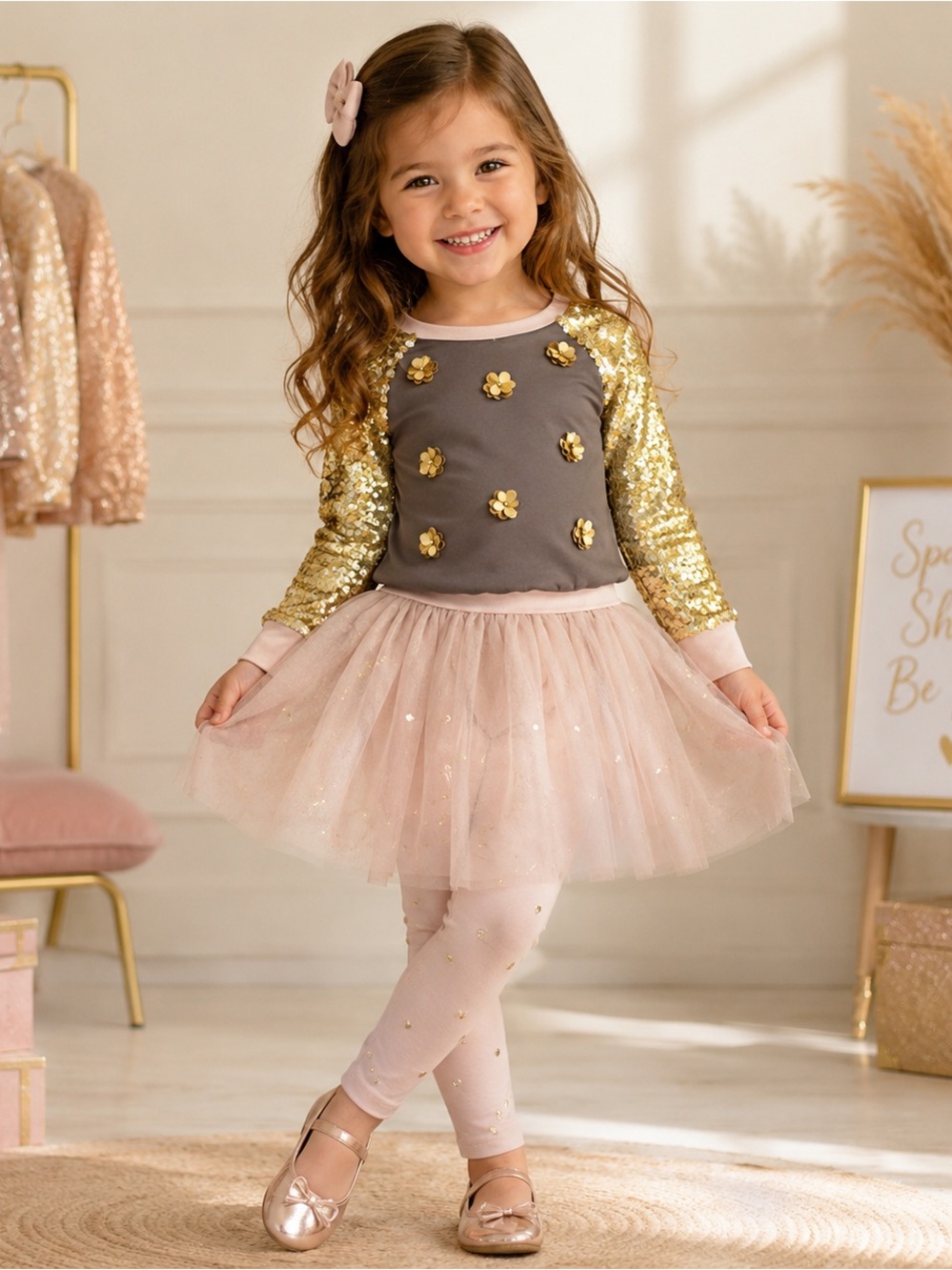 Kate Mack Pink Tulle Dress with Gold Sequin Sleeves